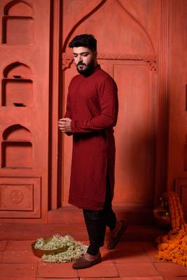 Maroon Sequin Work Embroidered Men's Kurta 1