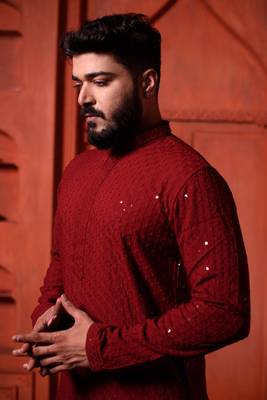 Maroon Sequin Work Embroidered Men's Kurta 2