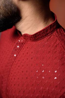 Maroon Sequin Work Embroidered Men's Kurta 3