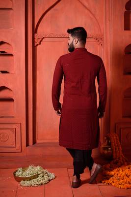 Maroon Sequin Work Embroidered Men's Kurta 4