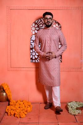 Pink cotton Mens Kurta Pajamas Set 1