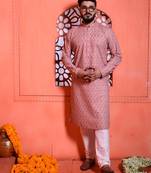 Pink cotton Mens Kurta Pajamas Set