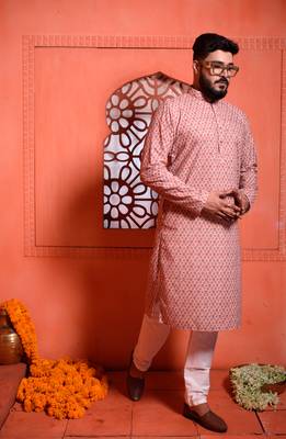 Pink cotton Mens Kurta Pajamas Set 2