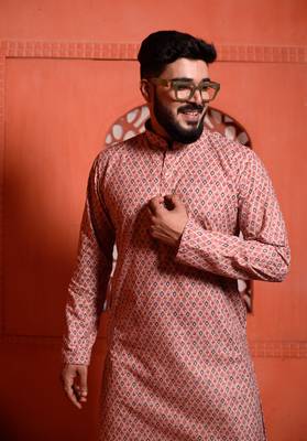 Pink cotton Mens Kurta Pajamas Set 3