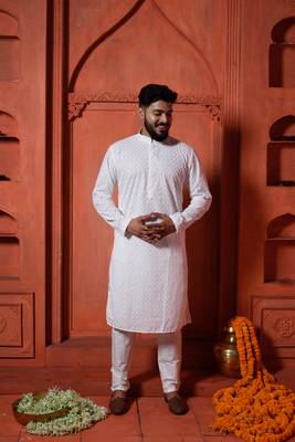 White Sequin Work Embroidered Mens Kurta Pajamas Set 1