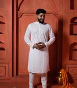 White Sequin Work Embroidered Mens Kurta Pajamas Set
