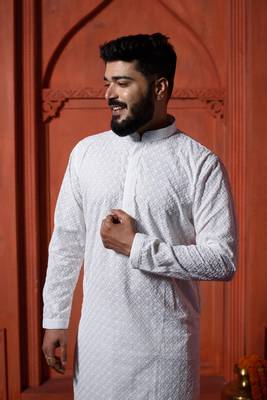 White Sequin Work Embroidered Mens Kurta Pajamas Set 2