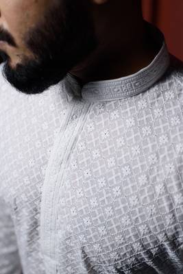 White Sequin Work Embroidered Mens Kurta Pajamas Set 3