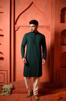 Deep Green Sequin Work Embroidered Mens Kurta 1