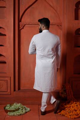 White Sequin Work Embroidered Mens Kurta Pajamas Set 4