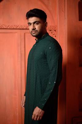 Deep Green Sequin Work Embroidered Mens Kurta 2