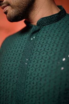 Deep Green Sequin Work Embroidered Mens Kurta 3