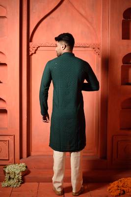 Deep Green Sequin Work Embroidered Mens Kurta 4