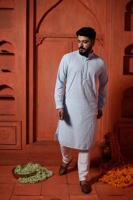 Sky Blue Sequin Embroidered Mens Kurta Pajamas Set 1