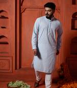 Sky Blue Sequin Embroidered Mens Kurta Pajamas Set