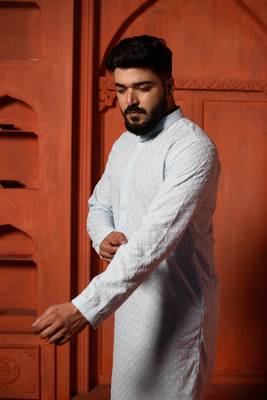 Sky Blue Sequin Embroidered Mens Kurta Pajamas Set 2
