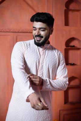 Pink Sequins Work Embroidered Mens Kurta Pajamas Set 2