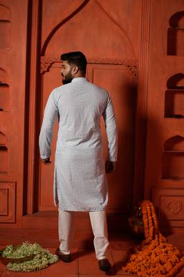 Sky Blue Sequin Embroidered Mens Kurta Pajamas Set 4
