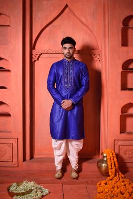 Navy Blue Cotton Silk Embroidered Mens Kurta Pajamas Set 1