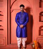 Navy Blue Cotton Silk Embroidered Mens Kurta Pajamas Set