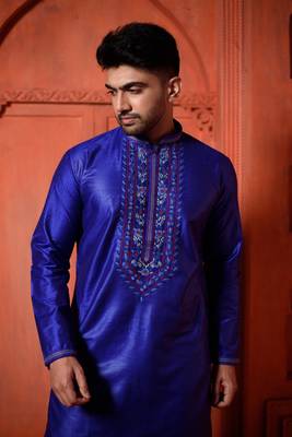 Navy Blue Cotton Silk Embroidered Mens Kurta Pajamas Set 2