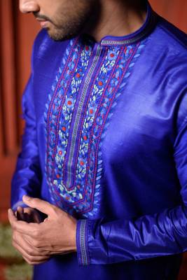 Navy Blue Cotton Silk Embroidered Mens Kurta Pajamas Set 3