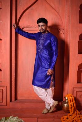 Navy Blue Cotton Silk Embroidered Mens Kurta Pajamas Set 4
