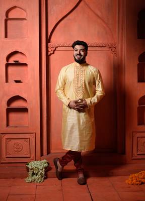 Yellow South Silk Embroidered Mens Kurta Pajamas Set 1