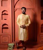 Yellow South Silk Embroidered Mens Kurta Pajamas Set