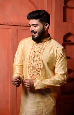 Yellow South Silk Embroidered Mens Kurta Pajamas Set 2