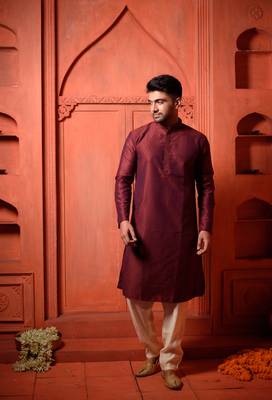 Maroon Jacquard Embroidered Zari Work Mens Kurta Pajamas Set 1