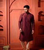 Maroon Jacquard Embroidered Zari Work Mens Kurta Pajamas Set