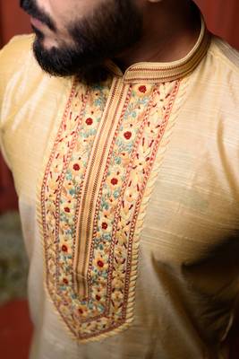 Yellow South Silk Embroidered Mens Kurta Pajamas Set 3