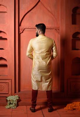 Yellow South Silk Embroidered Mens Kurta Pajamas Set 4