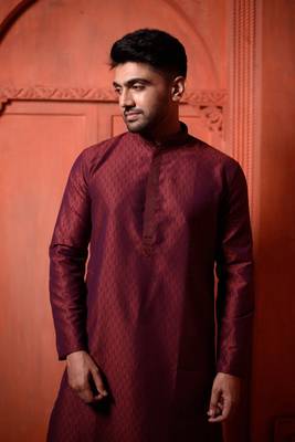 Maroon Jacquard Embroidered Zari Work Mens Kurta Pajamas Set 2
