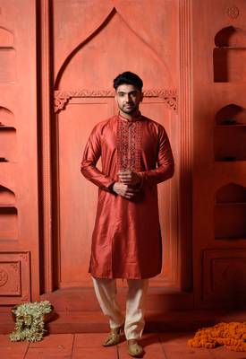 Red Cotton Silk Embroidered Mens Kurta Pajamas Set 1