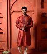 Red Cotton Silk Embroidered Mens Kurta Pajamas Set