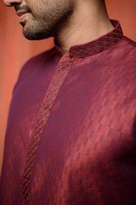 Maroon Jacquard Embroidered Zari Work Mens Kurta Pajamas Set 3