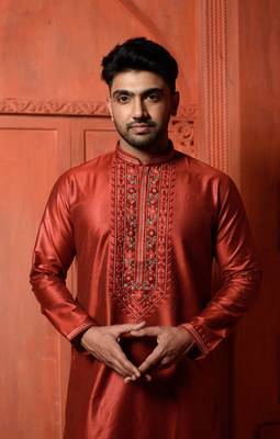 Red Cotton Silk Embroidered Mens Kurta Pajamas Set 2