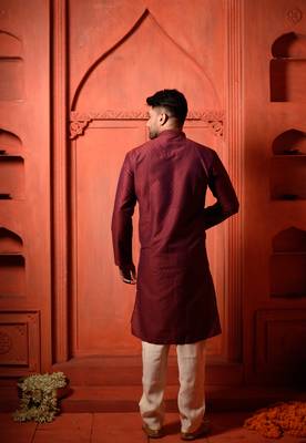 Maroon Jacquard Embroidered Zari Work Mens Kurta Pajamas Set 4