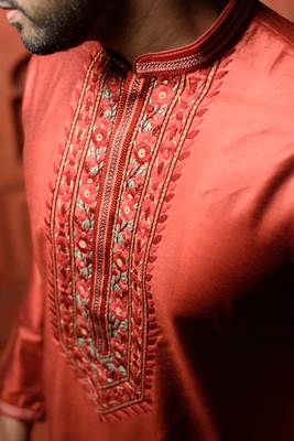 Red Cotton Silk Embroidered Mens Kurta Pajamas Set 3