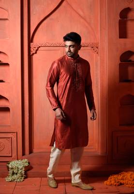 Red Cotton Silk Embroidered Mens Kurta Pajamas Set 4