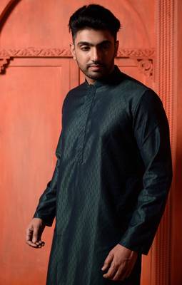 Deep green jaquard Mens Kurta Pajamas Set 2