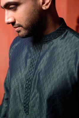 Deep green jaquard Mens Kurta Pajamas Set 3