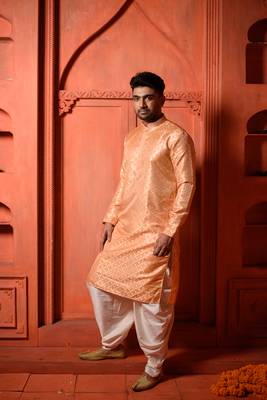 Orange Embroidered Zari Work Jaquard Mens Kurta Pajamas Set 1