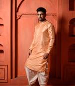 Orange Embroidered Zari Work Jaquard Mens Kurta Pajamas Set