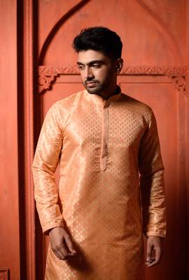 Orange Embroidered Zari Work Jaquard Mens Kurta Pajamas Set 2