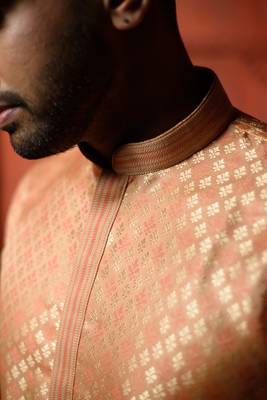 Orange Embroidered Zari Work Jaquard Mens Kurta Pajamas Set 3