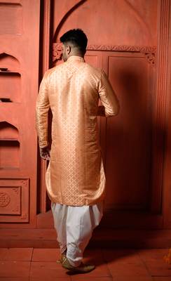 Orange Embroidered Zari Work Jaquard Mens Kurta Pajamas Set 4
