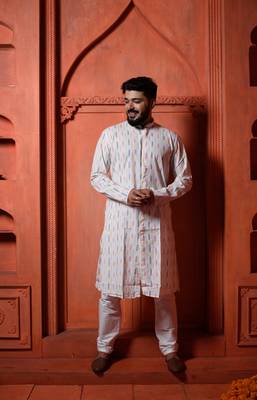 White ikat Mens Kurta Pajamas Set 1